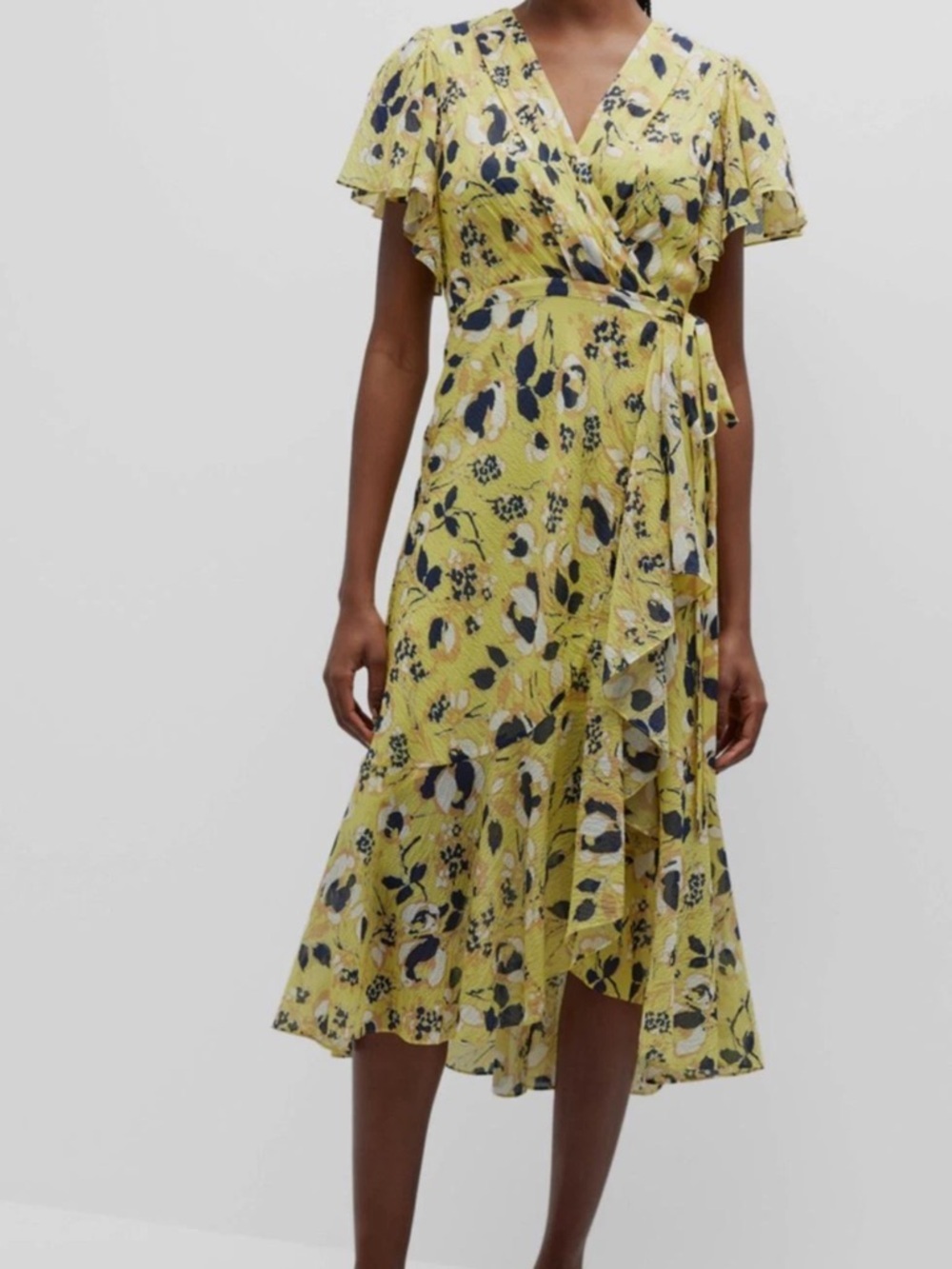 Tanya Taylor Silk Brianna Yellow Floral Print Silk Wrap‎ Midi Dress Size 8
